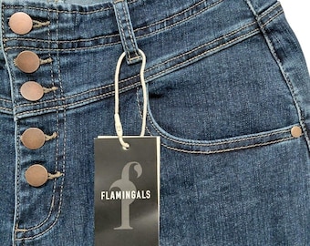 Flamingals Womens High Waisted Wide Leg Jeans Dark Wash Button Fly Raw Hem XL