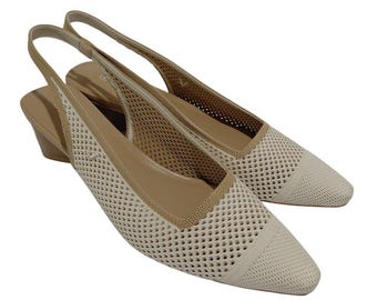 Vivaia Cream Tan Mesh Knit Pointed Toe Slingback Block Heels Size 42