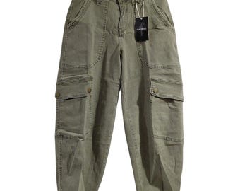 Flamingals Womens High Waisted Cargo Pants Olive Green Utility Tapered XS NEW