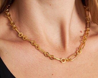 18K Gold Plated Half Paperclip Chain Necklace for Women, 925 Sterling Silver Base, Modern Minimalist Gold Necklace, Gift for Her