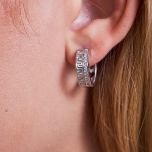 925 Sterling Silver Greek Pattern Hoop Earrings with CZ – Elegant Women Jewelry