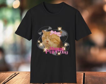 Cat T-Shirt| Happy Purr Day - Retro Record Cat T-Shirt, Cute Birthday Kitty with Pink Bow and Vinyl Design