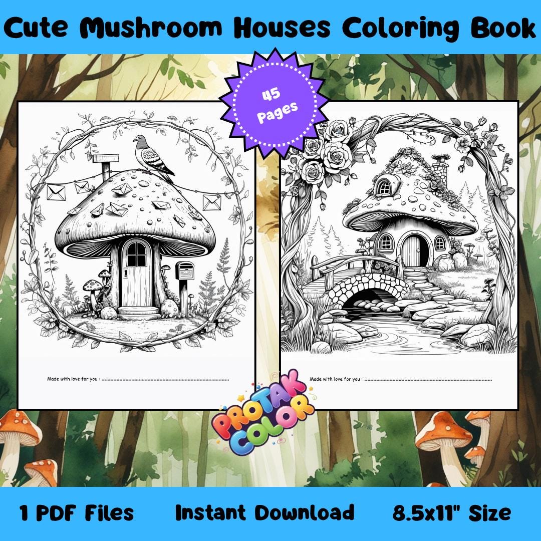 Mushroom House Coloring Pages for Kids, Magical Forest Homes PDF, Cute ...