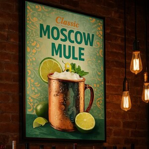 Klasyczny plakat koktajlowy Moscow Mule Vintage Bar Wall Art do domu, kuchni lub męskiej jaskini | Wydruk przepisu na drinka | Wiele rozmiarów | POD