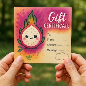 Kawaii Druckbare Südfrüchte Geschenkgutscheine | 12 Kawaii Aquarell Designs | Drachenfrucht, Mango, Papaya & Mehr | Sofort Download