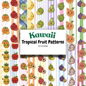 Kawaii tropische Früchte nahtlose Muster 22 funkelnde Strass-inspirierte digitale Hintergründe | PNG-Format | Niedliche Bling Sommer Obst Drucke