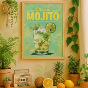 Classic Mojito Cocktail Poster Retro Bar Wall Art Print | Tropical Kitchen Decor | Gift for Rum Lovers | Sizes 5x7 to 24x36