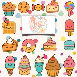 Retro Dessert Clipart Bundle | PNG SVG | Kawaii Vintage Süßigkeiten | Eis, Kuchen, Cupcake, Keks | Digital Download, Pastell Food Grafik