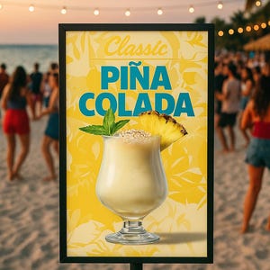Klasyczny plakat z koktajlem Piña Colada, tropikalny wydruk ścienny do baru do kuchni, salonu lub domu na plaży | Dekoracja z przepisem na drinka | Wiele rozmiarów