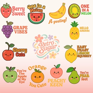 Ensemble de cliparts de fruits kawaii PNG SVG | Fruits d'été rétro avec citations mignonnes | Téléchargement numérique d'autocollants, d'agendas, de travaux manuels et d'outils imprimables