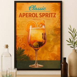 Póster de cóctel Aperol Spritz / Impresión de arte de pared de bar retro / Impresión de receta de bebida / Arte de bebida de verano vibrante / Regalo imprimible POD