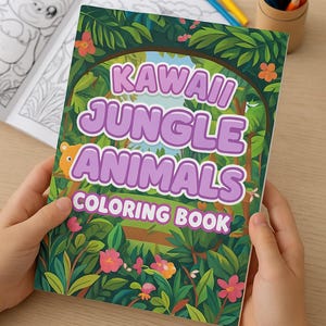 Kawaii Jungle Animals Coloring Book for Kids – 14 Cute Safari Pages | Digital Download | Printable Coloring Pages | Preschool Activity Fun