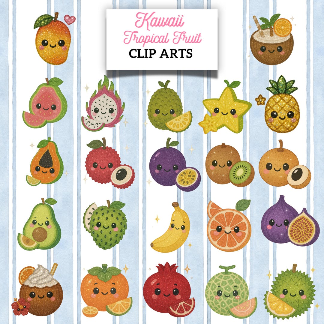 Kawaii Tropical Fruit Clipart | Sparkling Swarovski Crystal-inspired