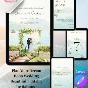 Complément de papeterie de mariage assorti | RSVP, carte de remerciement, numéros de table | Mariage bohème | Modèles de toile modifiables