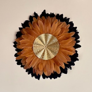 HESTIA - Feather painting, deep black and brown, gold metal circle, Jujuhat in natural goose feathers, boho wall decoration.