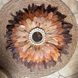 RHEA - Feather painting, shades of brown and a touch of gold, Jujuhat made from natural goose feathers, wall decoration.