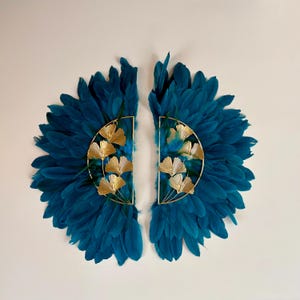 OCEANIA - Feather painting, petrol blue and golden ginkgo, Jujuhat in natural goose feathers, boho chic wall decoration.