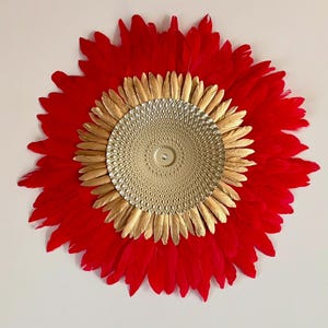 HERO - Feather painting, flamboyant red and golden circle, Jujuhat in natural goose feathers, boho chic wall decoration.