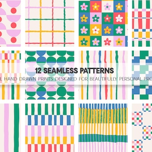 May include: A digital collection of 12 seamless patterns titled Form + Flourish Prints, featuring hand-drawn designs with colourful geometric shapes, stripes, checkered grids, and floral motifs in various colour combinations on a light background.