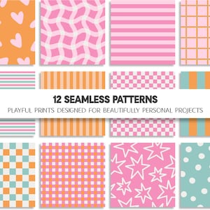 Puede incluir: Una colección de 12 patrones sin costuras con varios diseños, incluyendo corazones, líneas onduladas, rayas y estrellas. La paleta de colores presenta naranja, rosa y turquesa. Se muestra el texto "Form + Flourish Prints" y "12 Seamless Patterns".