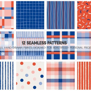 May include: A collection of 12 seamless digital patterns featuring various designs including plaid, stripes, polka dots, and abstract shapes in red, blue, light blue, and pink. The text reads Form + Flourish Prints, 300 DPI, 12 x 12 inches, HI-RES JPEG, INSTANT DOWNLOAD, COMMERCIAL USE, 12 SEAMLESS PATTERNS, PLAYFUL HAND DRAWN PRINTS DESIGNED FOR BEAUTIFULLY PERSONAL PROJECTS.