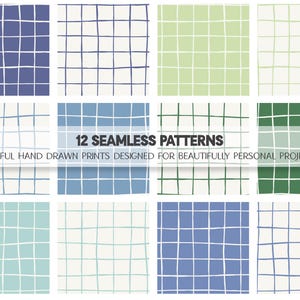 12 lavendel-, salvia- och gröna rutmönster | Handritat mix-match digitalt papper för scrapbooking, presentinslagning | Sömlös bakgrund
