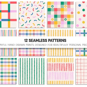May include: A collection of 12 seamless digital patterns titled Form + Flourish Prints, featuring colourful hand-drawn designs including grids, polka dots, stripes, and checkered motifs with floral accents in red, yellow, green, blue, and pink.