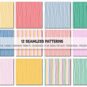 May include: A collection of 12 seamless patterns titled Form + Flourish Prints, featuring hand-drawn vertical stripes in various colors including yellow, red, blue, green, and pink. Each square digital print measures 12 x 12 inches at 300 DPI.