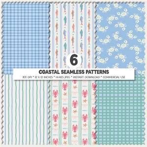 6 Coastal Seamless Pattern Bundle| Blue & Green Beach Patterns | Crab Fish Stripe Gingham | 12x12 Digital Paper | Commercial Use