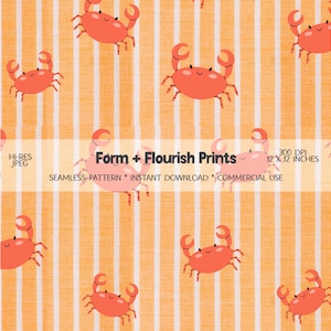 May include: Seamless pattern featuring cartoon crabs in coral pink on a yellow and white striped background. The image includes the text "Form + Flourish Prints" and "12 x 12 inches".