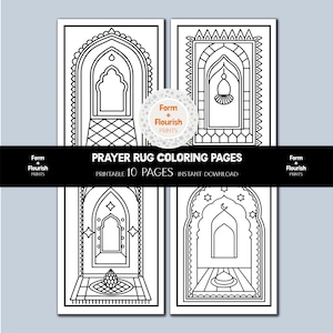 May include: Four black and white prayer rug coloring pages with intricate archway designs. The pages are rectangular and feature geometric patterns and decorative elements. The text "PRAYER RUG COLORING PAGES" is displayed on a black banner. The words "PRINTABLE 10 PAGES INSTANT DOWNLOAD" are also visible.