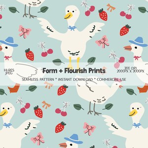 Puede incluir: Patrón sin costuras con gansos blancos con pajaritas y sombreros azules, intercalados con fresas rojas, cerezas y lazos rosas sobre un fondo azul claro. El patrón incluye el texto "Form + Flourish Prints".