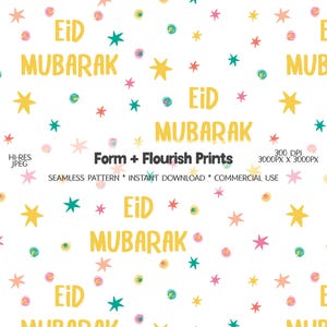 Può includere: Uno sfondo bianco con un motivo ripetuto di stelle gialle, stelle turchesi, stelle rosa e disegni circolari colorati. Le parole "Eid Mubarak" sono scritte in giallo. È presente anche il testo "Form + Flourish Prints".