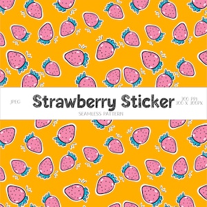 May include: A seamless pattern featuring cartoon strawberries on a yellow background. The strawberries are pink with white outlines, green leaves, and small black seeds. The text "Strawberry Sticker" is displayed.