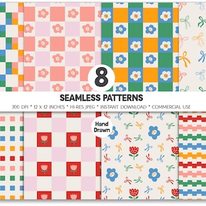May include: Eight seamless patterns in a variety of colorful designs. The patterns include floral, bow, and geometric motifs in shades of pink, blue, green, orange, and yellow. The image includes the text "SEAMLESS PATTERNS".