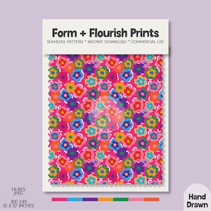 May include: A sample of fabric with a vibrant floral pattern. The design features colorful flowers in shades of blue, orange, yellow, and purple on a bright pink background. The text "Form + Flourish Prints" is at the top, with "12 x 12 inches" at the bottom.