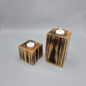 Set of 2 Rustic Burnt Wood Candle Holders for Tealights
