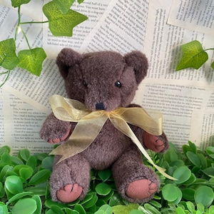 Puede incluir: Un pequeño oso de peluche marrón con una cinta amarilla dorada alrededor del cuello. El oso tiene una textura suave y almohadillas rosas. Está sentado sobre un lecho de hojas verdes, con un fondo de páginas de libros antiguos.