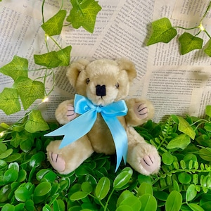 Puede incluir: Un oso de peluche beige con un lazo de cinta azul claro, colocado sobre un lecho de hojas verdes y páginas de libro abiertas. Un juguete clásico.