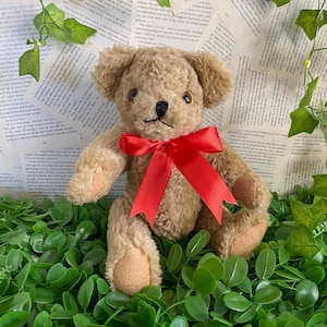 Puede incluir: Un oso de peluche de color marrón claro con un lazo de satén rojo. El oso tiene un diseño clásico con una nariz negra cosida y ojos pequeños y redondos. Está sentado sobre un lecho de hojas verdes, con un fondo de páginas de libros antiguos.