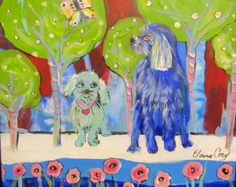 Emma and Bentley 2 16 x 16 Original Painting by Elaine Cory