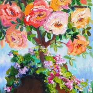 Rose Tree Original Painting Wall art canvas painting gift for her home decor original oil painting 15 x 30 Art by Elaine Cory image 1