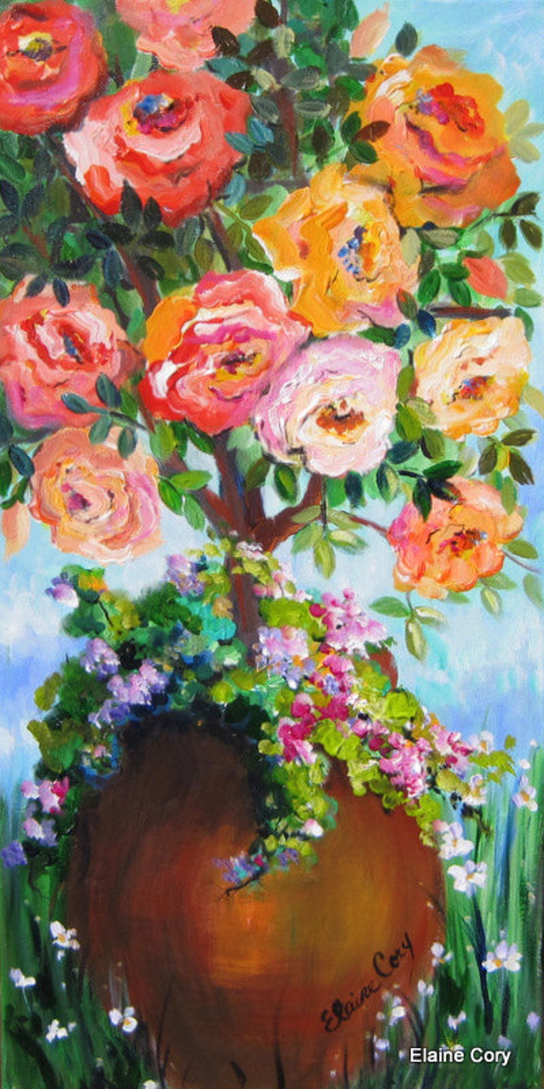 Rose Tree Original Painting Wall art canvas painting gift for her home decor original oil painting 15 x 30 Art by Elaine Cory image 1