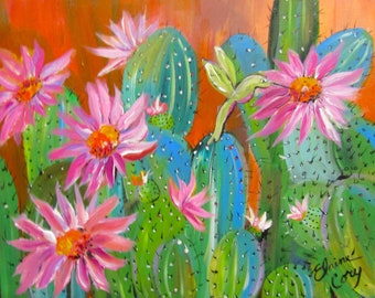 Cactus Hummingbird 16 x 20 Original Painting by Elaine Cory