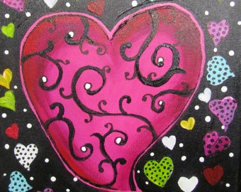 Polka Dot Hearts 10 x 10 Original Painting by Elaine Cory