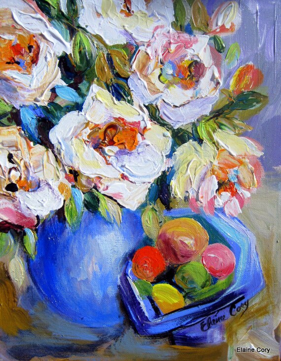 White Roses and Fruit Bowl Floral Painting 11 x 14 Original | Etsy