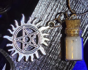 Supernatural Charmed Necklace, Salt Glass Jar and Silver Anti-Demon Charm, Snake Chain Accessory