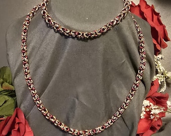 Red and Gold Byzantine Handmade Chainmaille Necklace and Bracelet Jewelry Set