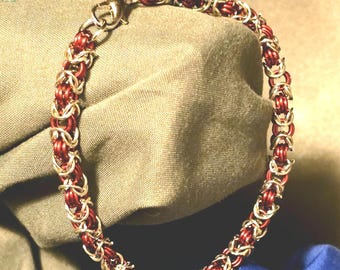 Red and Silver Handmade Byzantine Style Jewelry Chainmaille Bracelet