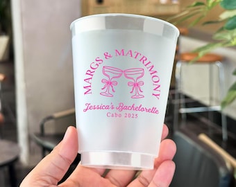 Personalized Frosted Bachelorette Party Cups, Margs & Matrimony, Reusable Team Bride Drinkware
